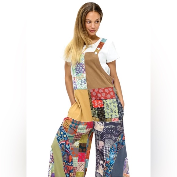 Yak&Yeti Size:S/M -NEW- Boho Patchwork Wide Leg Overalls - Picture 3 of 4